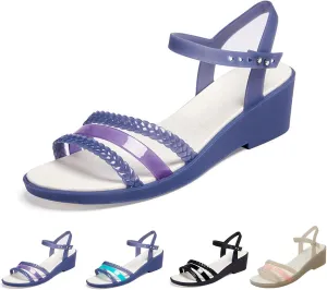 WENOREG Women's Colorful Neon Jelly Wedge Sandals,Summer Fashion Open Toe Waterproof Platform Crystal Clear Buckle Beach Retro Jellies Rain Boots Sandals