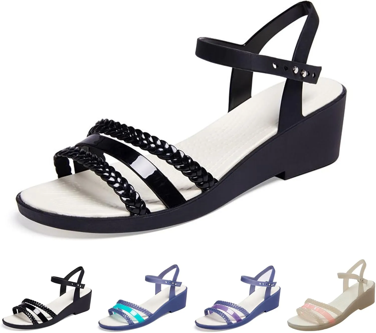 WENOREG Women's Colorful Neon Jelly Wedge Sandals,Summer Fashion Open Toe Waterproof Platform Crystal Clear Buckle Beach Retro Jellies Rain Boots Sandals