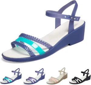 WENOREG Women's Colorful Neon Jelly Wedge Sandals,Summer Fashion Open Toe Waterproof Platform Crystal Clear Buckle Beach Retro Jellies Rain Boots Sandals
