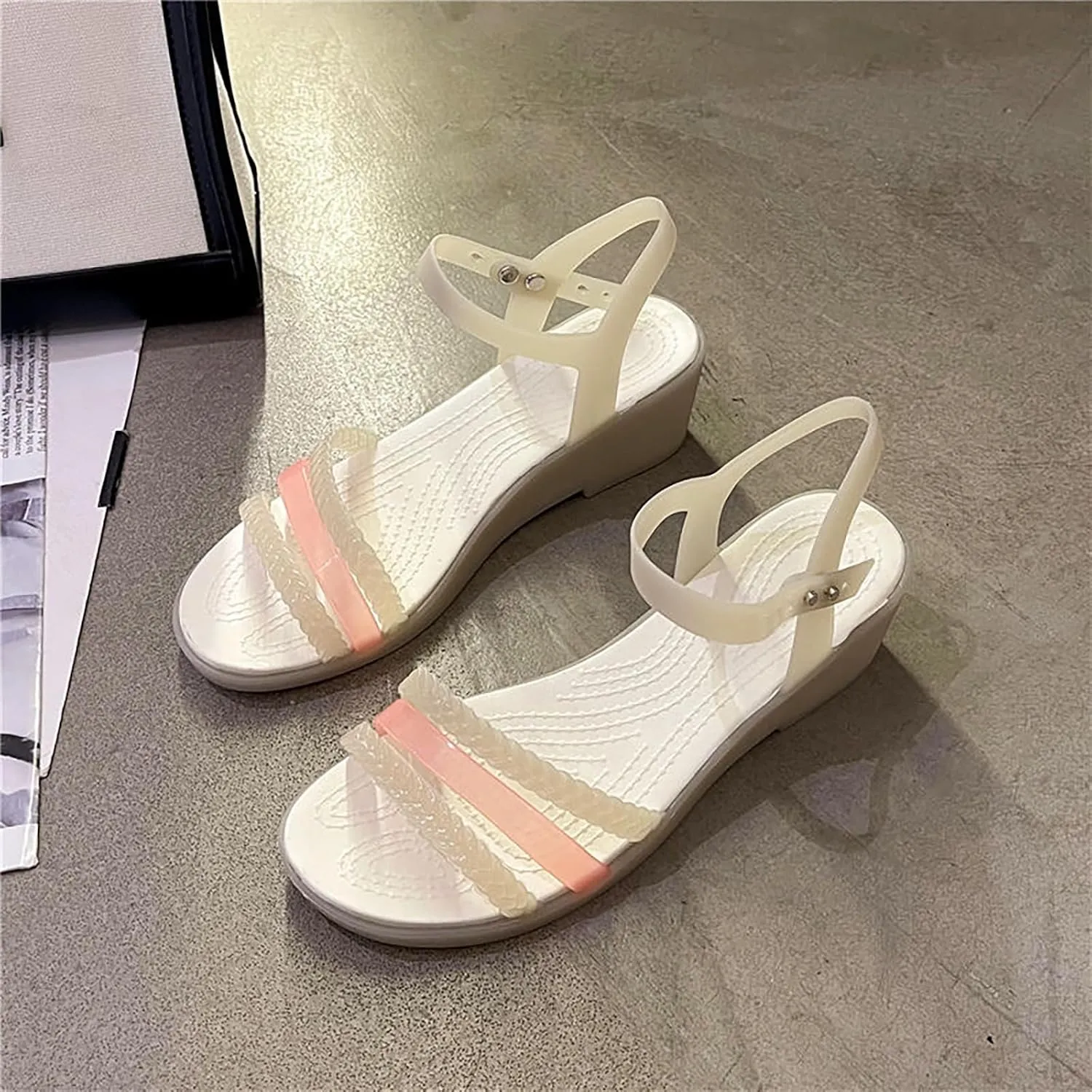 WENOREG Women's Colorful Neon Jelly Wedge Sandals,Summer Fashion Open Toe Waterproof Platform Crystal Clear Buckle Beach Retro Jellies Rain Boots Sandals