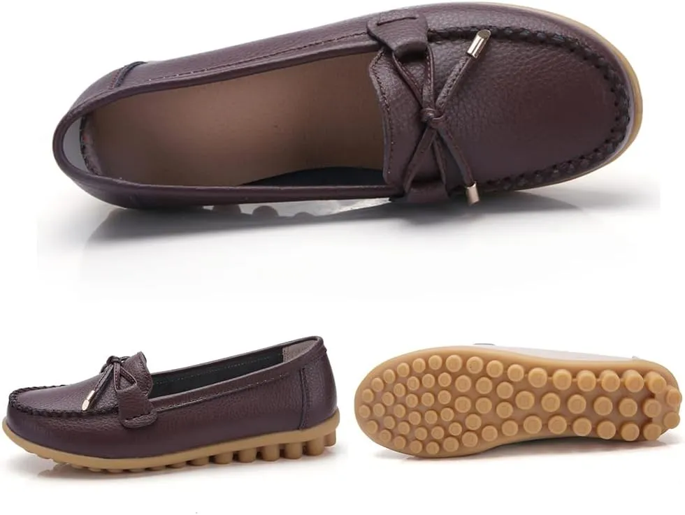 WERWAES Casual Womens Loafers Flat Classic Lace-up Round Toe Leather Slip-on Penny Loafers for Womens Comfortable Lightweight Driving Outdoor Moccasins Boat Flats Shoes