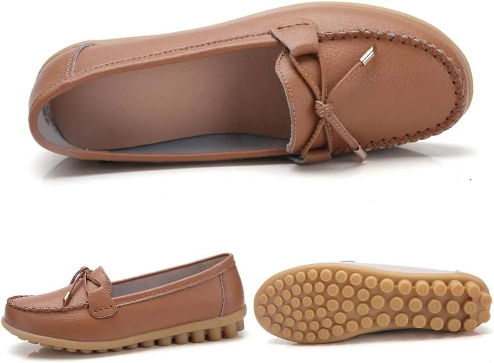 WERWAES Casual Womens Loafers Flat Classic Lace-up Round Toe Leather Slip-on Penny Loafers for Womens Comfortable Lightweight Driving Outdoor Moccasins Boat Flats Shoes