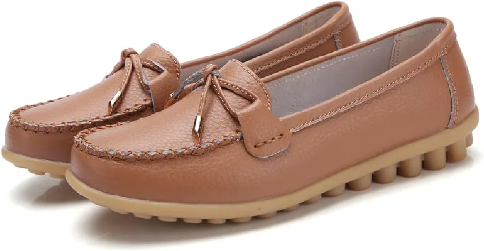 WERWAES Casual Womens Loafers Flat Classic Lace-up Round Toe Leather Slip-on Penny Loafers for Womens Comfortable Lightweight Driving Outdoor Moccasins Boat Flats Shoes