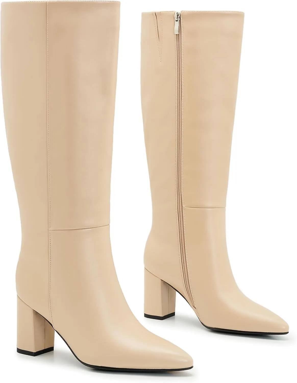 Wide Calf Knee High Boots For Women Plus Size Side Zipper Leather Chunky Heel Boots Heeled Pointed Toe Tall