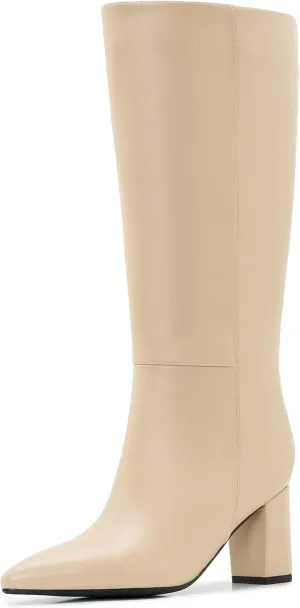 Wide Calf Knee High Boots For Women Plus Size Side Zipper Leather Chunky Heel Boots Heeled Pointed Toe Tall