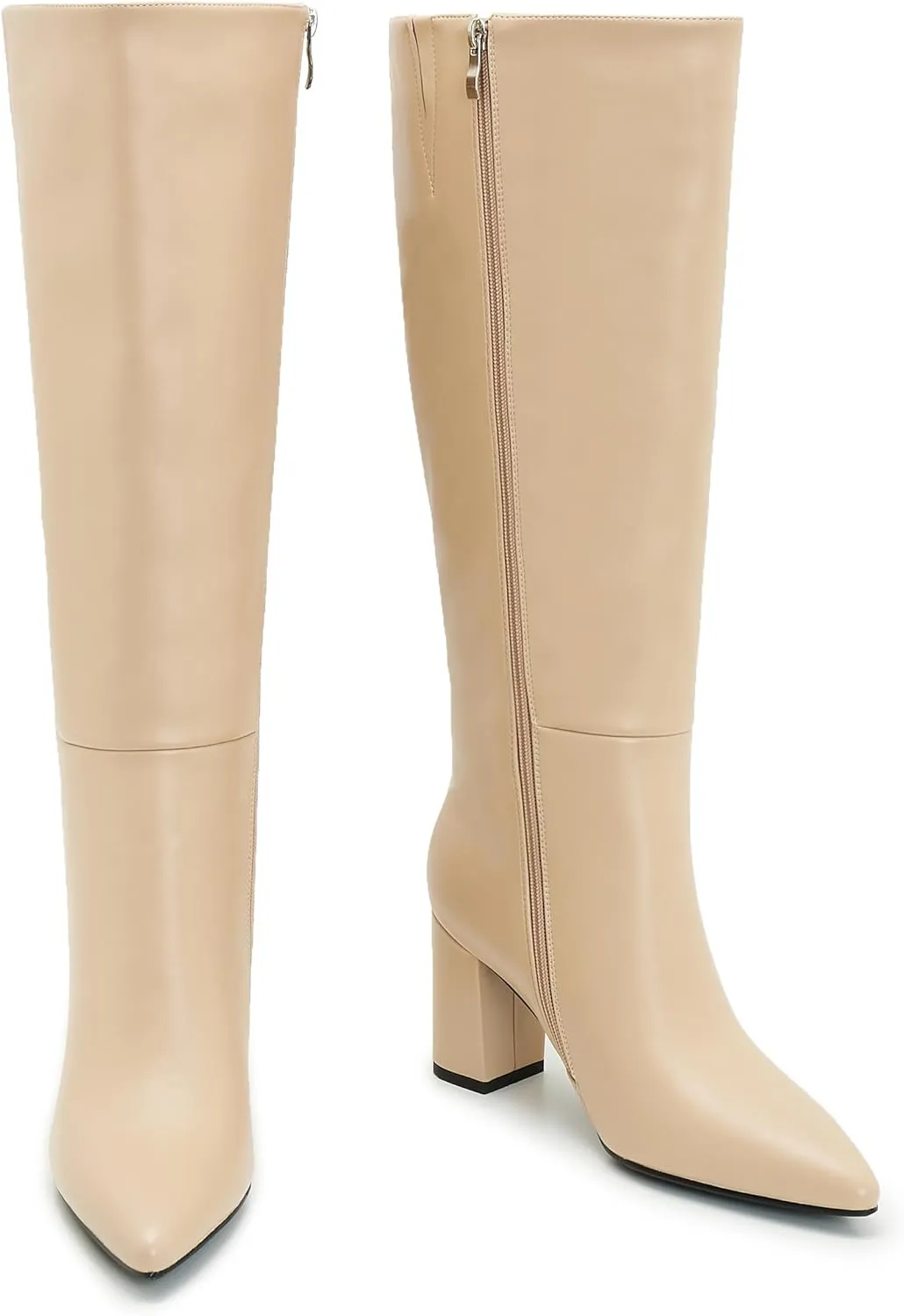 Wide Calf Knee High Boots For Women Plus Size Side Zipper Leather Chunky Heel Boots Heeled Pointed Toe Tall
