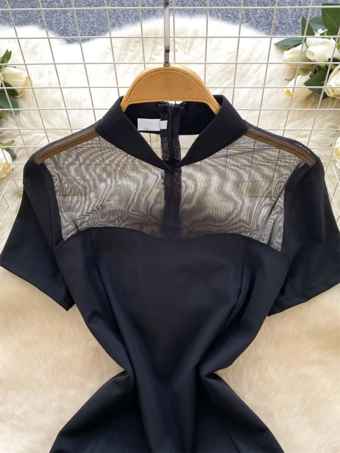 Women Chinese Style Vintage Dress Patchwork Mesh Short Sleeve Slim Evening Party Split Dresses