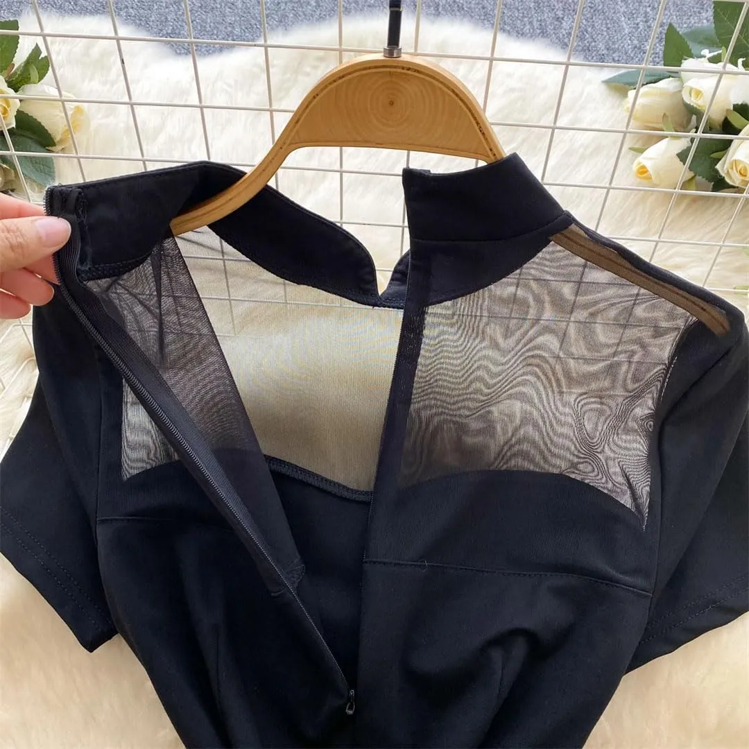 Women Chinese Style Vintage Dress Patchwork Mesh Short Sleeve Slim Evening Party Split Dresses