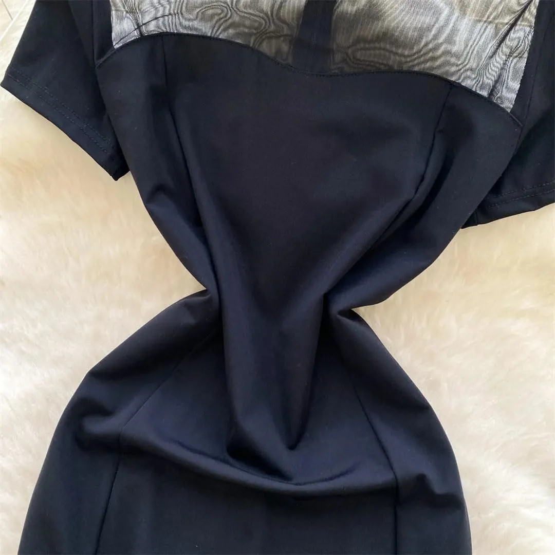 Women Chinese Style Vintage Dress Patchwork Mesh Short Sleeve Slim Evening Party Split Dresses