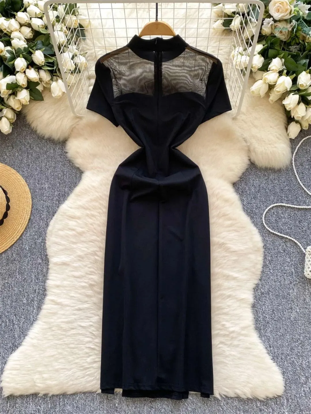 Women Chinese Style Vintage Dress Patchwork Mesh Short Sleeve Slim Evening Party Split Dresses
