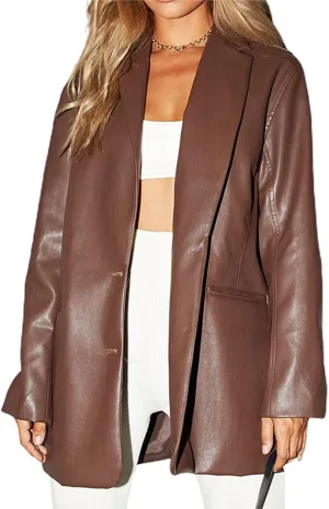 Women Faux Leather Blazer Jackets Button Down Oversized Vintage PU Leather Lapel Jacket Streetwear