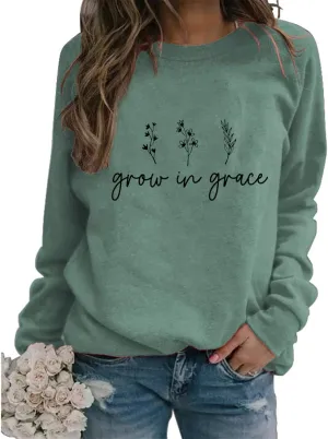 Women Grow in Grace Christian Sweatshirt Lightweight Crew Neck Floral Graphic Pullovers Tops Jesus Faith Shirts Gifts