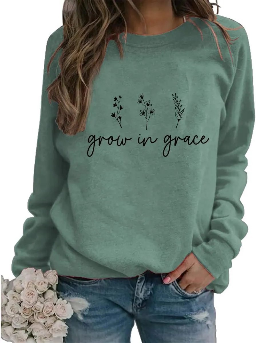 Women Grow in Grace Christian Sweatshirt Lightweight Crew Neck Floral Graphic Pullovers Tops Jesus Faith Shirts Gifts