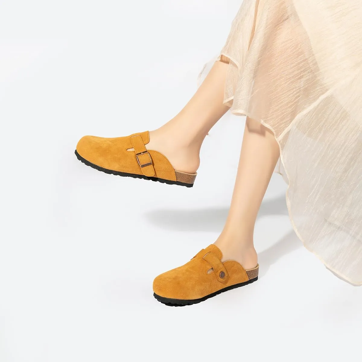 Women's and Men's Cork Suede Clogs and Mules,Soft Leather Sandal,House Slipper,Skin-Friendly Footbed,Adjustable Buckle,Arch Support