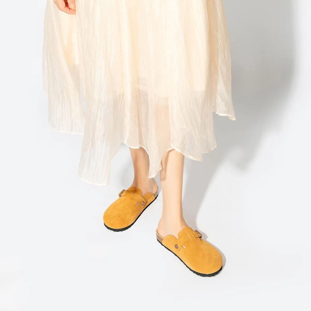 Women's and Men's Cork Suede Clogs and Mules,Soft Leather Sandal,House Slipper,Skin-Friendly Footbed,Adjustable Buckle,Arch Support