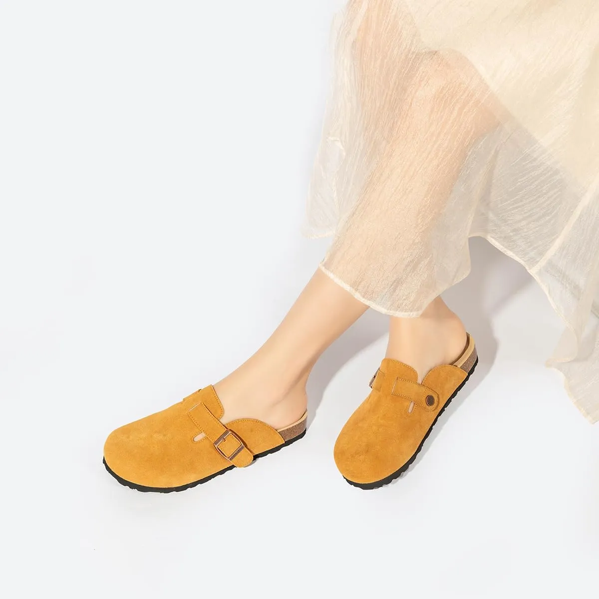 Women's and Men's Cork Suede Clogs and Mules,Soft Leather Sandal,House Slipper,Skin-Friendly Footbed,Adjustable Buckle,Arch Support