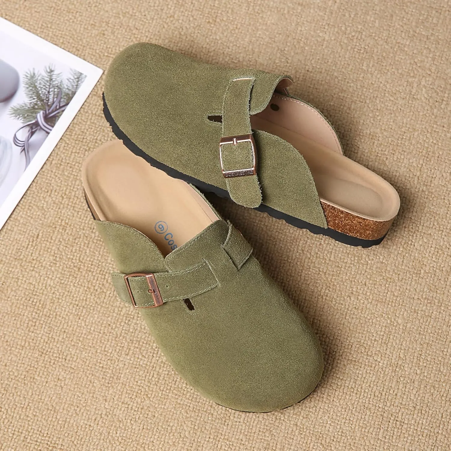 Women's and Men's Cork Suede Clogs and Mules,Soft Leather Sandal,House Slipper,Skin-Friendly Footbed,Adjustable Buckle,Arch Support