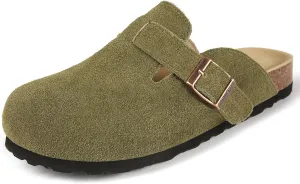 Women's and Men's Cork Suede Clogs and Mules,Soft Leather Sandal,House Slipper,Skin-Friendly Footbed,Adjustable Buckle,Arch Support