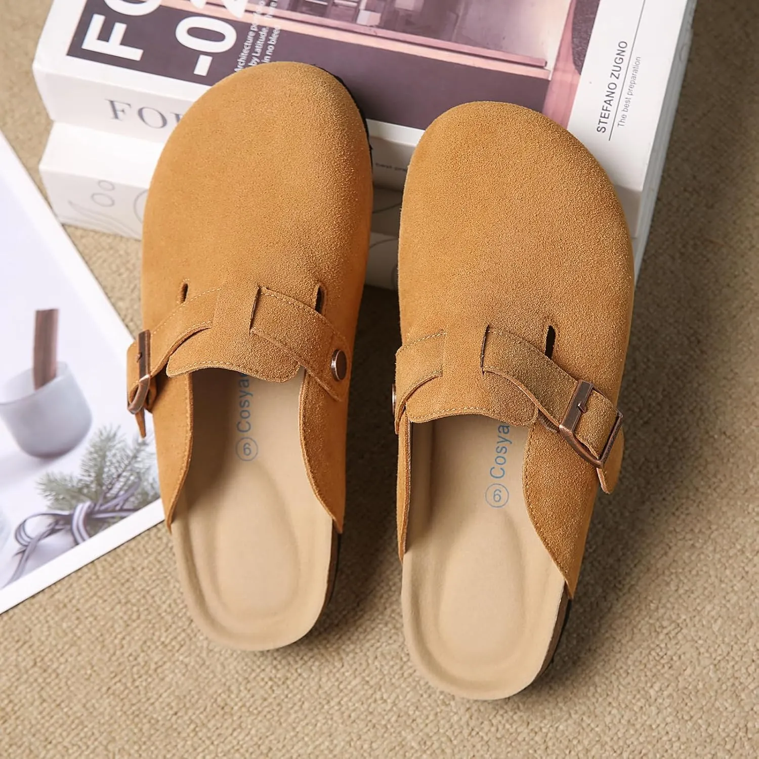 Women's and Men's Cork Suede Clogs and Mules,Soft Leather Sandal,House Slipper,Skin-Friendly Footbed,Adjustable Buckle,Arch Support