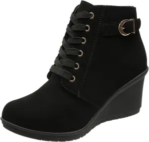 Womens Booties Fashion Lace up Ankle Boots Ladies Buckle Platform Shoes Chunky High Heel Boots Wedge Boots for Women