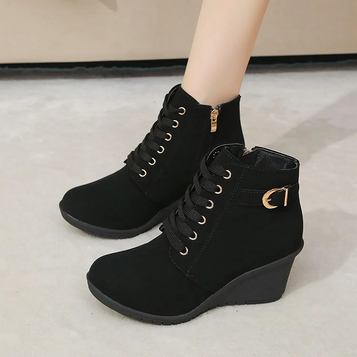 Womens Booties Fashion Lace up Ankle Boots Ladies Buckle Platform Shoes Chunky High Heel Boots Wedge Boots for Women
