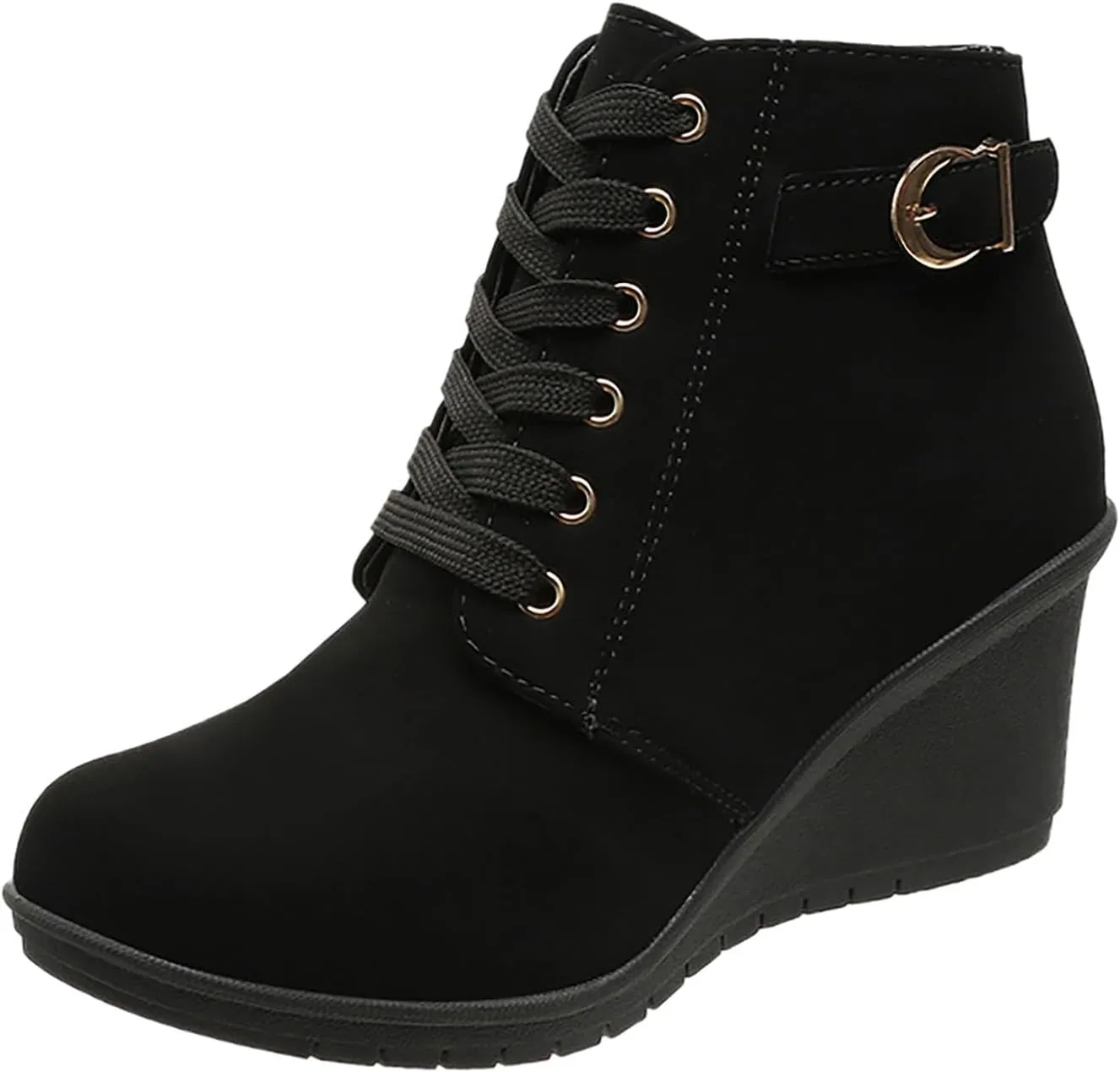 Womens Booties Fashion Lace up Ankle Boots Ladies Buckle Platform Shoes Chunky High Heel Boots Wedge Boots for Women