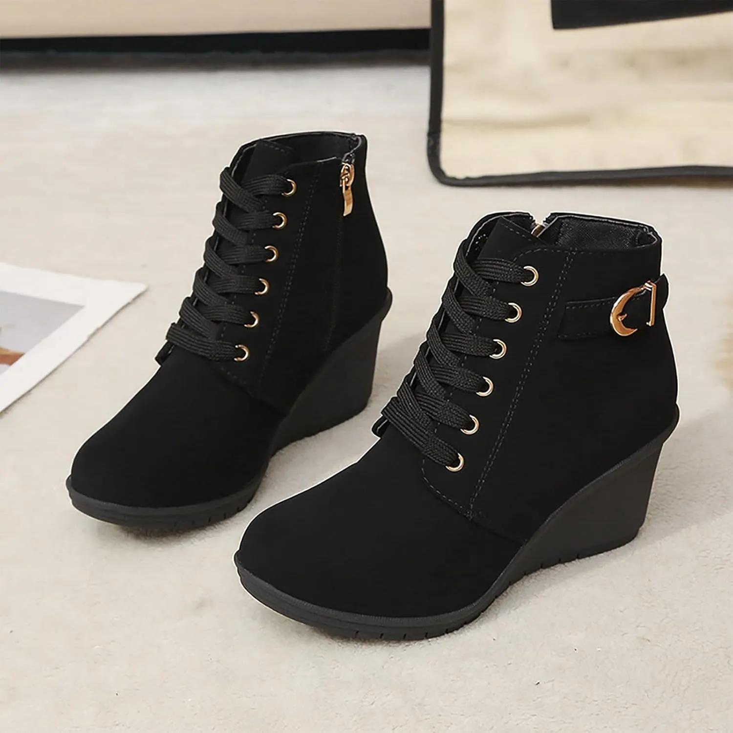 Womens Booties Fashion Lace up Ankle Boots Ladies Buckle Platform Shoes Chunky High Heel Boots Wedge Boots for Women