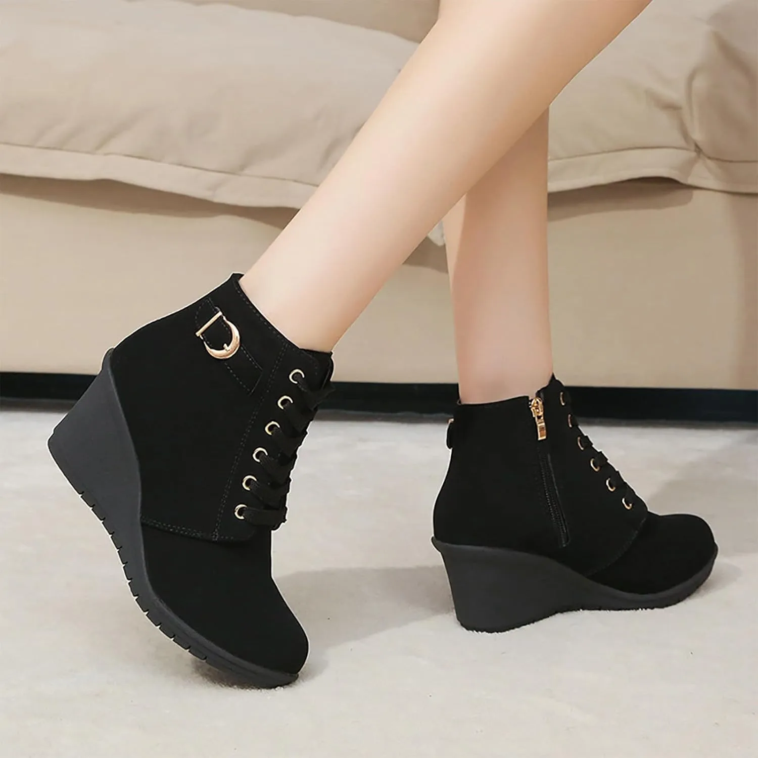 Womens Booties Fashion Lace up Ankle Boots Ladies Buckle Platform Shoes Chunky High Heel Boots Wedge Boots for Women
