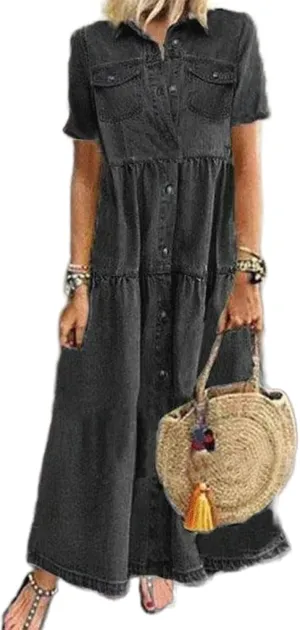 Womens Button Down Denim Shirt Dress Floral Printed Lapel Neck Short Sleeves Layered Jean Maxi Dress with Pockets