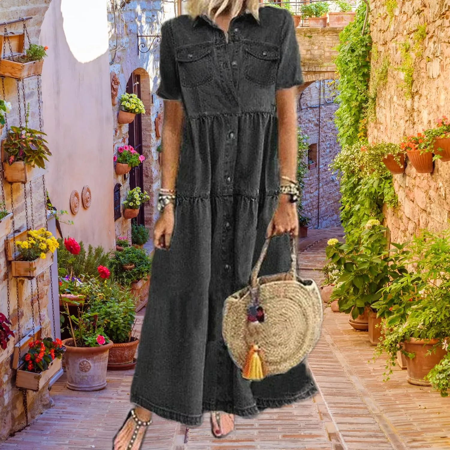 Womens Button Down Denim Shirt Dress Floral Printed Lapel Neck Short Sleeves Layered Jean Maxi Dress with Pockets