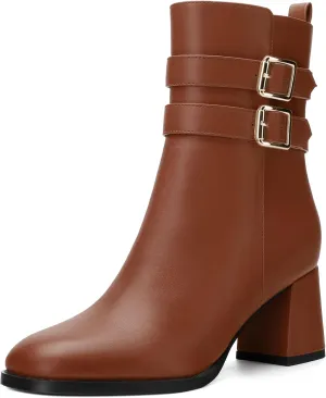 Womens Chunky High Heel Boots - Zip Up, Square Toe, Ankle Booties,Simple Classic Mid Heel Shoes for Women2.5in