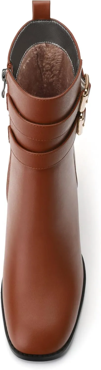 Womens Chunky High Heel Boots - Zip Up, Square Toe, Ankle Booties,Simple Classic Mid Heel Shoes for Women2.5in