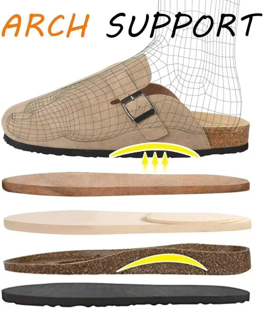 Women's Cork Suede Mules Leather Clogs Footbed Sandals Garden Slippers with Arch Support