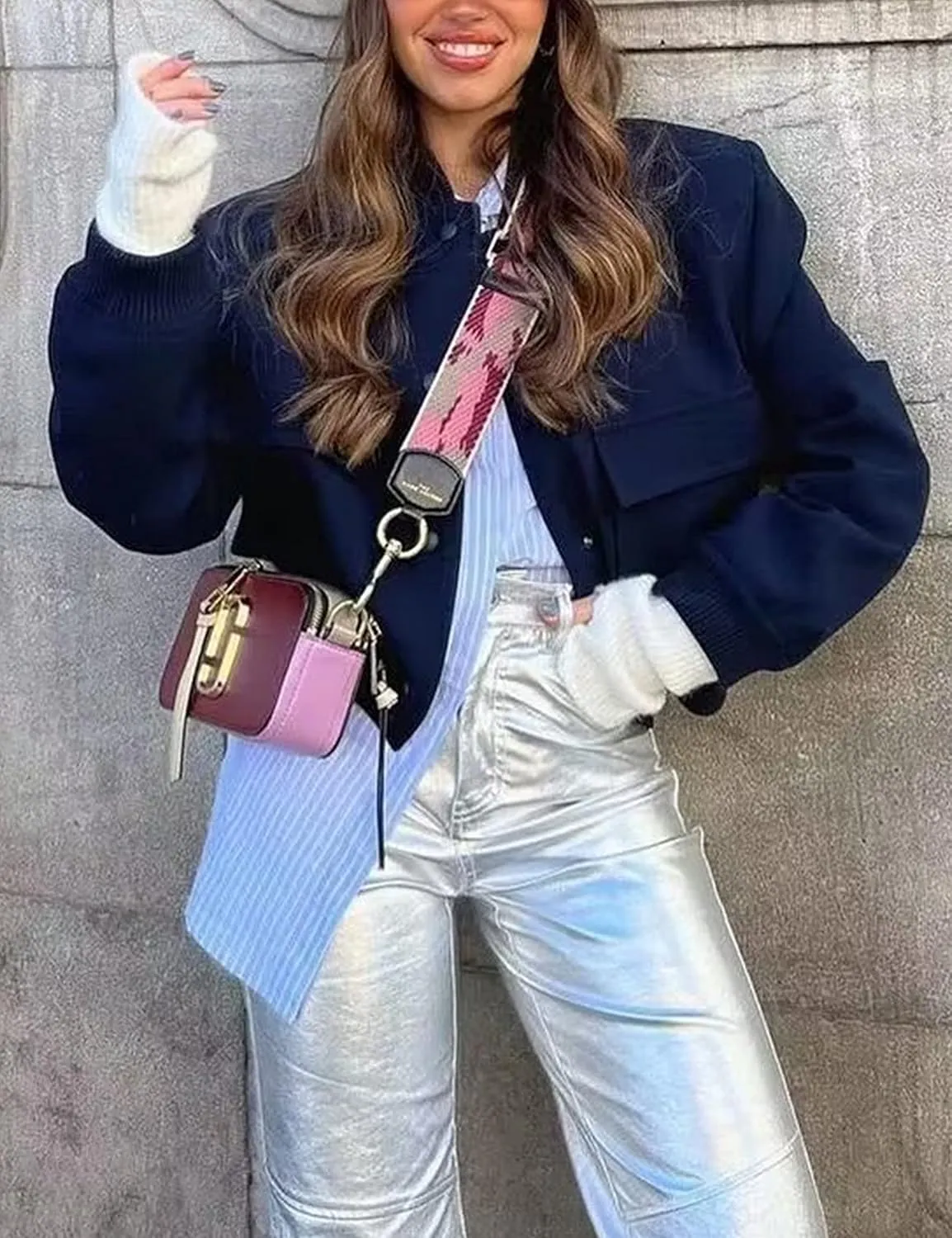 Womens Cropped Bomber Jacket Button Down Varsity Jackets Shackets with Pockets