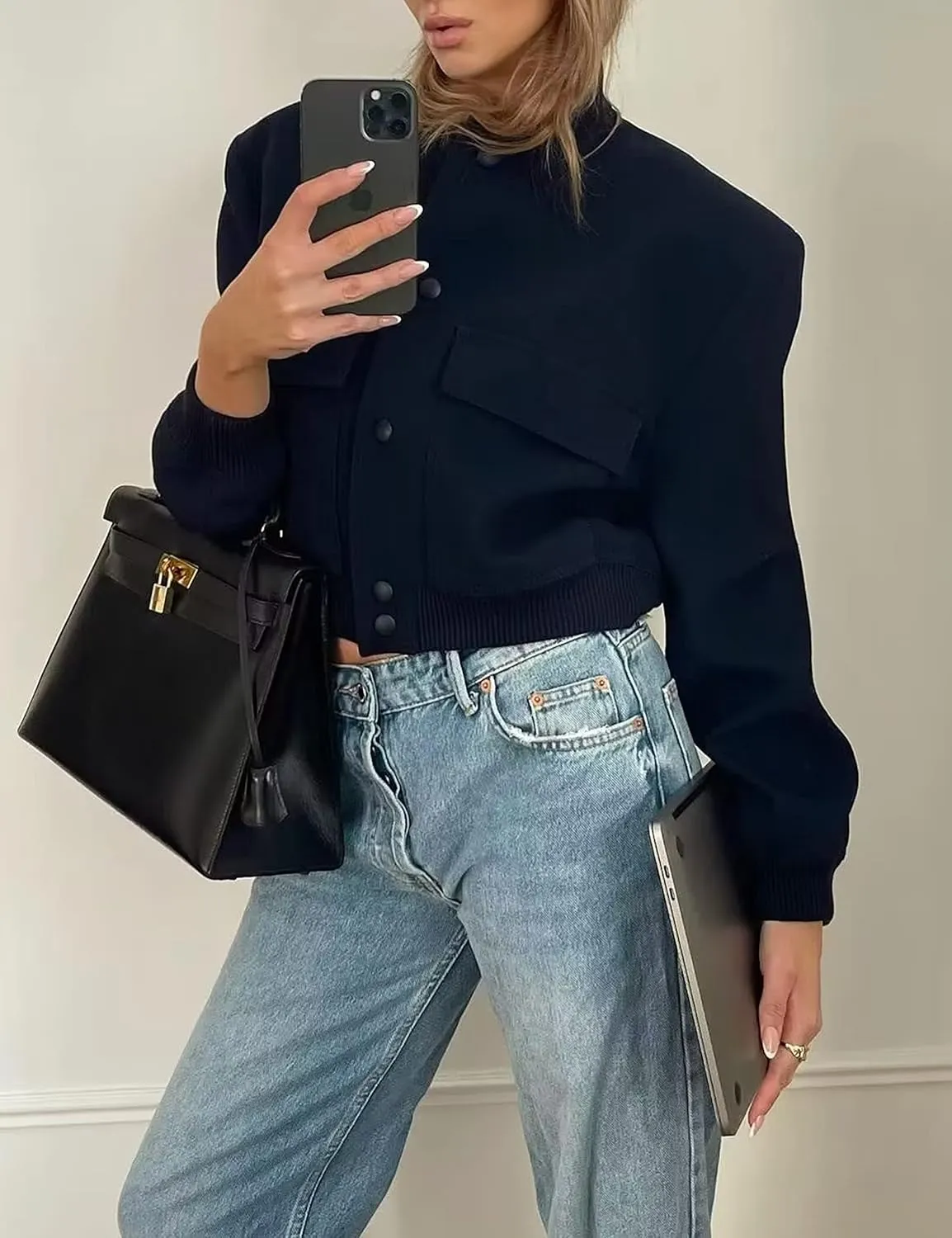 Womens Cropped Bomber Jacket Button Down Varsity Jackets Shackets with Pockets