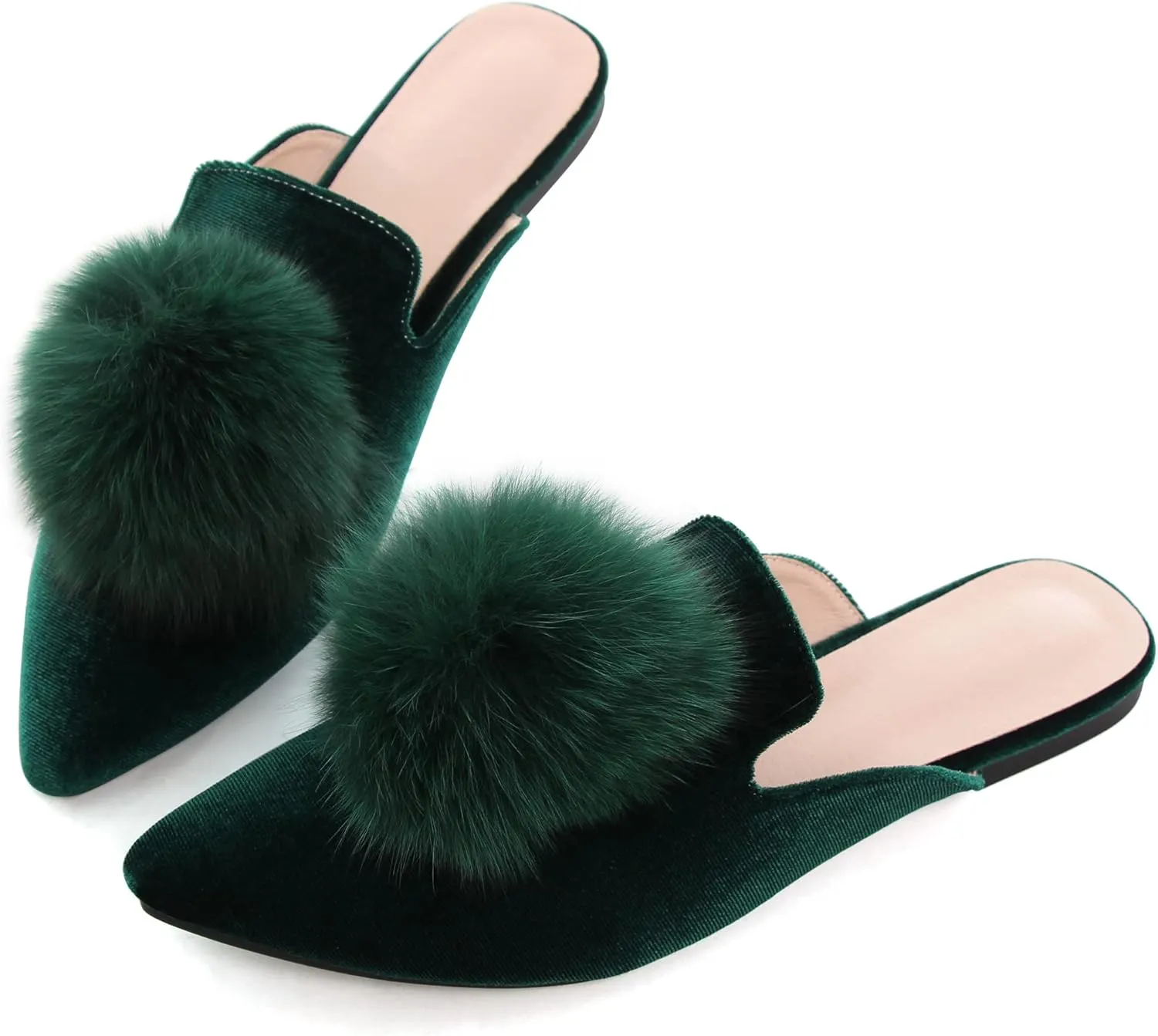 Women's Cute Pom Pom Mules Velvet Flats Shoes for Girls,Sexy Pointy Toe Slip On Mules Slides Office Work Backless Loafers Green Size 10