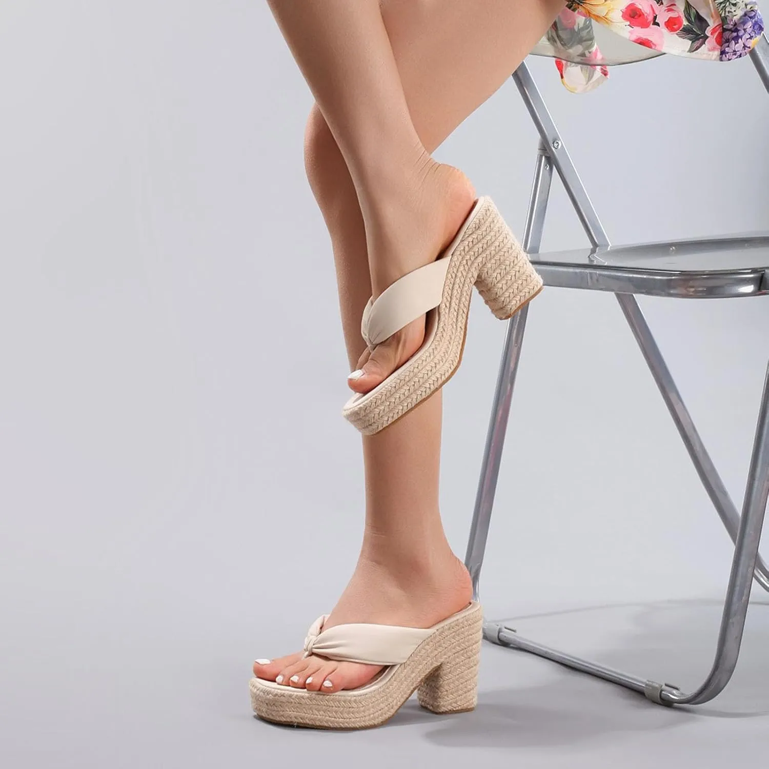 Women's Espadrillles Platform Flip Flops Chunky High Heels Slip On Straw Raffia Woven Thong Slides Sandals Bohemia Summer Beach Casual