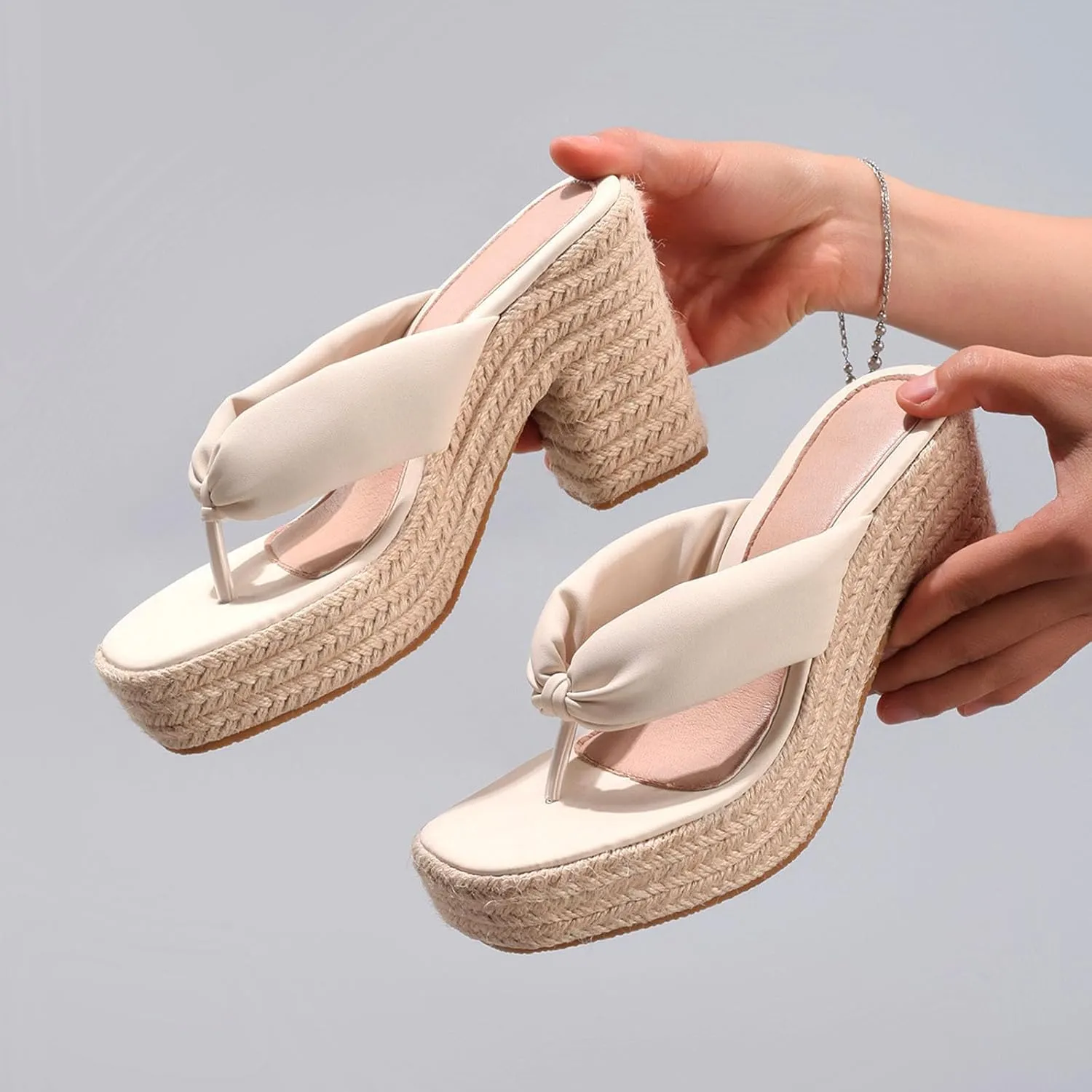 Women's Espadrillles Platform Flip Flops Chunky High Heels Slip On Straw Raffia Woven Thong Slides Sandals Bohemia Summer Beach Casual