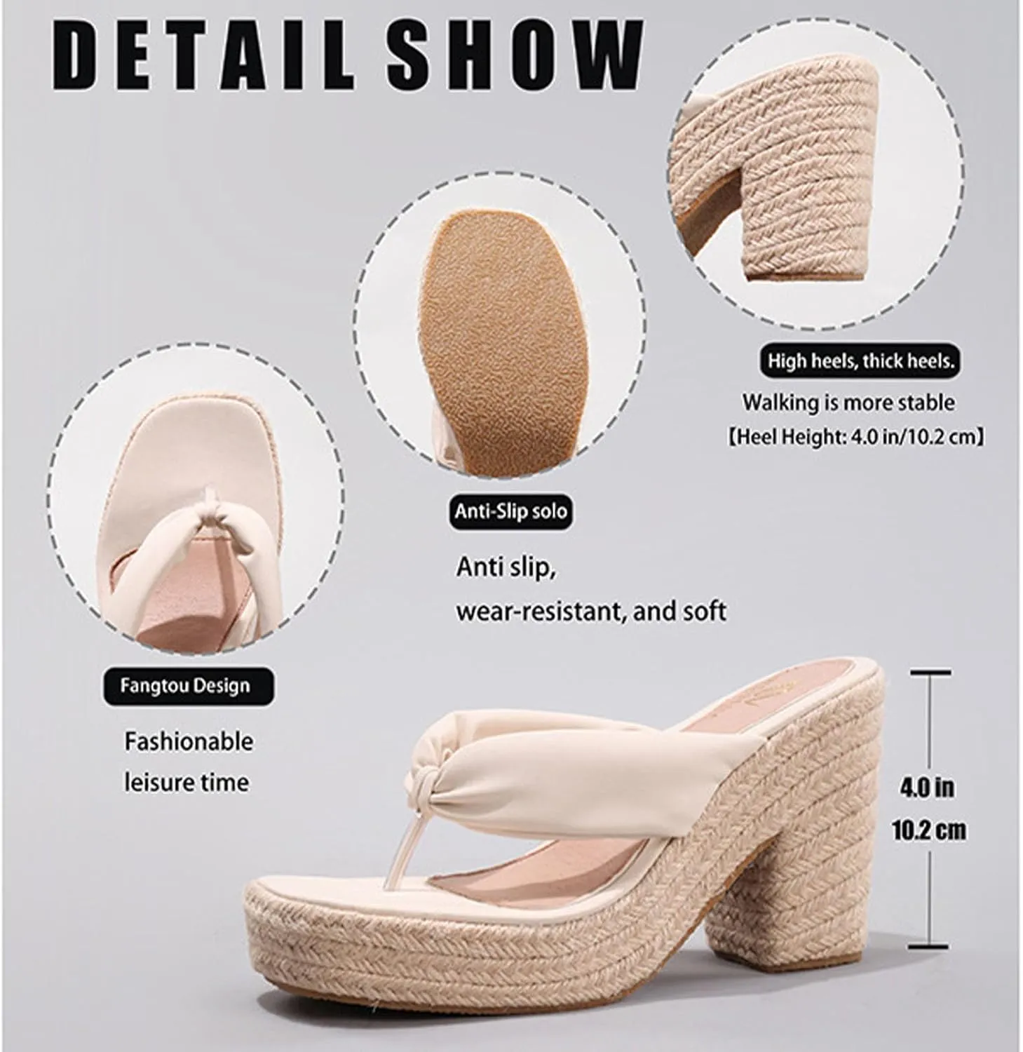 Women's Espadrillles Platform Flip Flops Chunky High Heels Slip On Straw Raffia Woven Thong Slides Sandals Bohemia Summer Beach Casual
