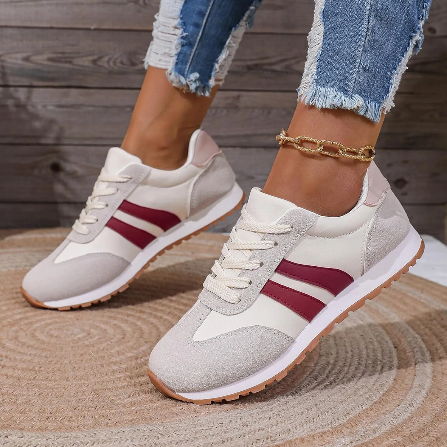 Women's Fashion Sneakers Leather Suede Patchwork Casual Walking Shoes Non-Slip Lace Up Sneakers Tennis Running Shoes
