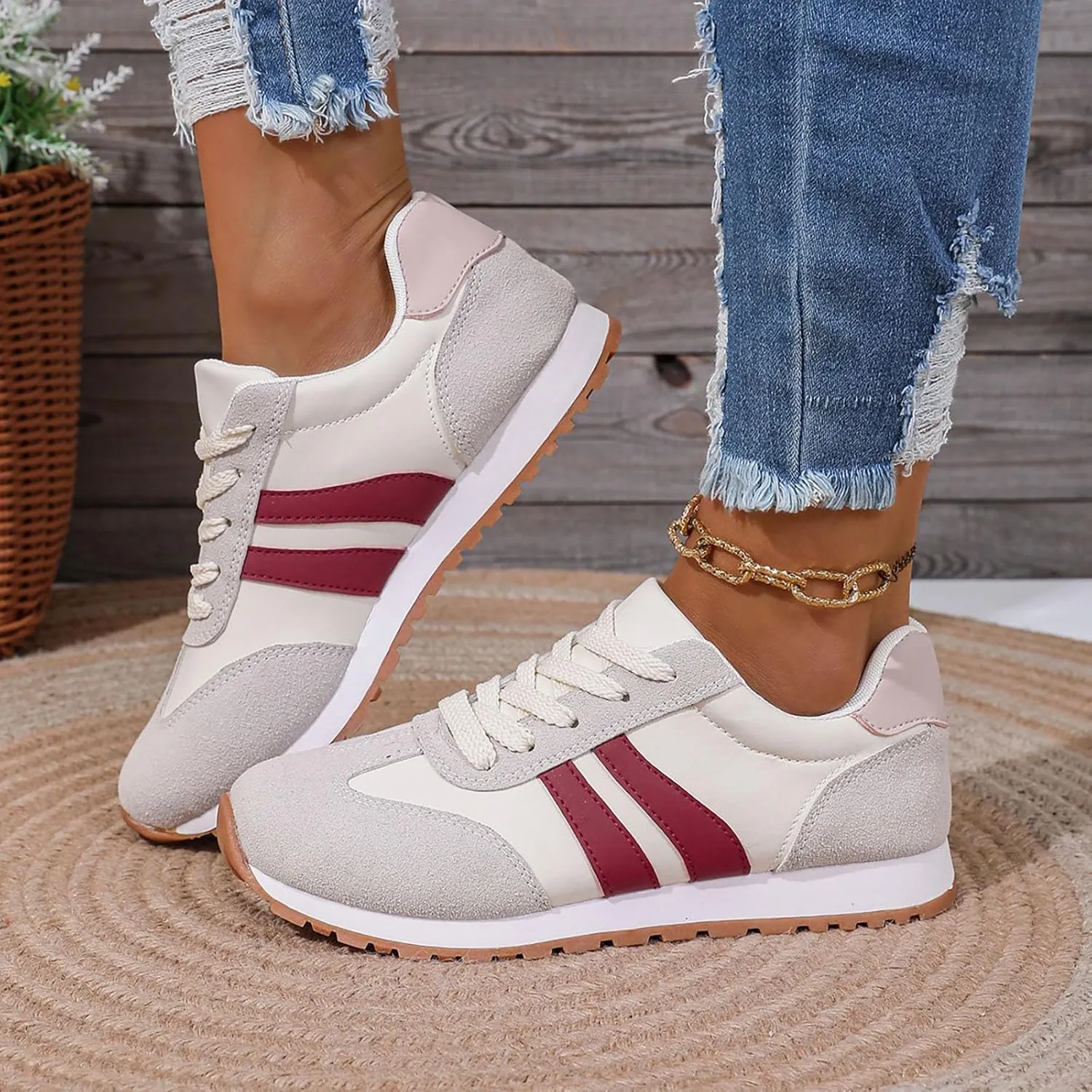 Women's Fashion Sneakers Leather Suede Patchwork Casual Walking Shoes Non-Slip Lace Up Sneakers Tennis Running Shoes