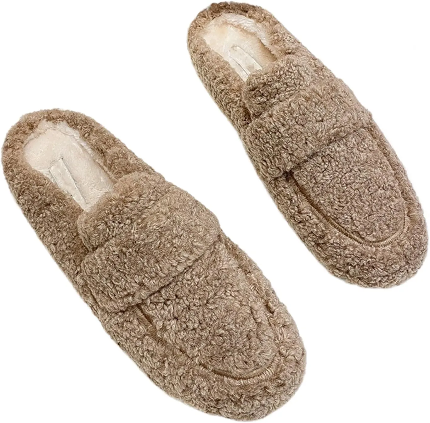 Women's Faux Fur Flat Round Toe Slip On Loafers Backless Anti-Slip Platform Slippers Casual Fur Mules Slides Shoes