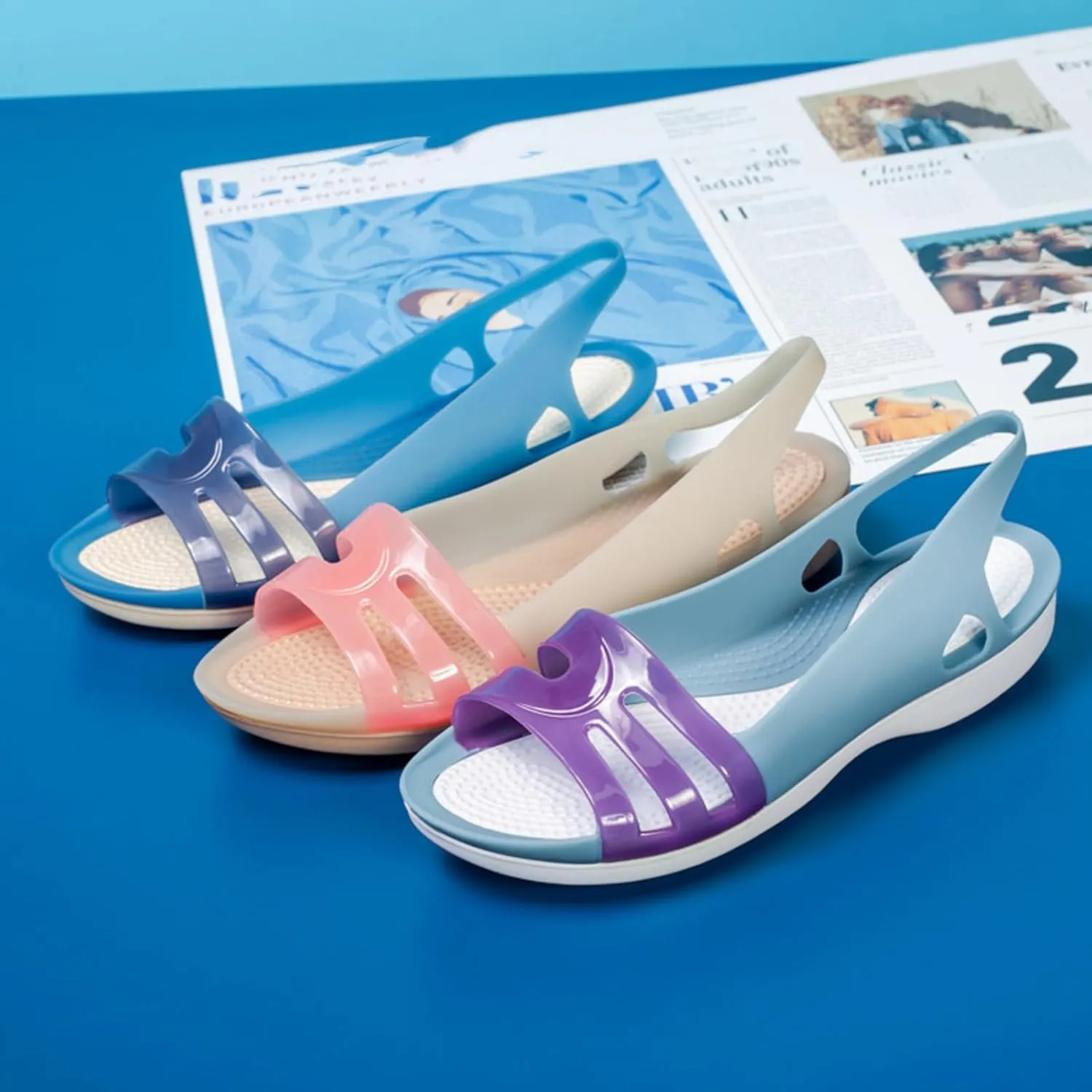 Women's Fish Mouth Jelly Sandals Summer Soft Wedge Beach Sandals Comfortable Slip on Quick Drying Flat Jellies Sandals