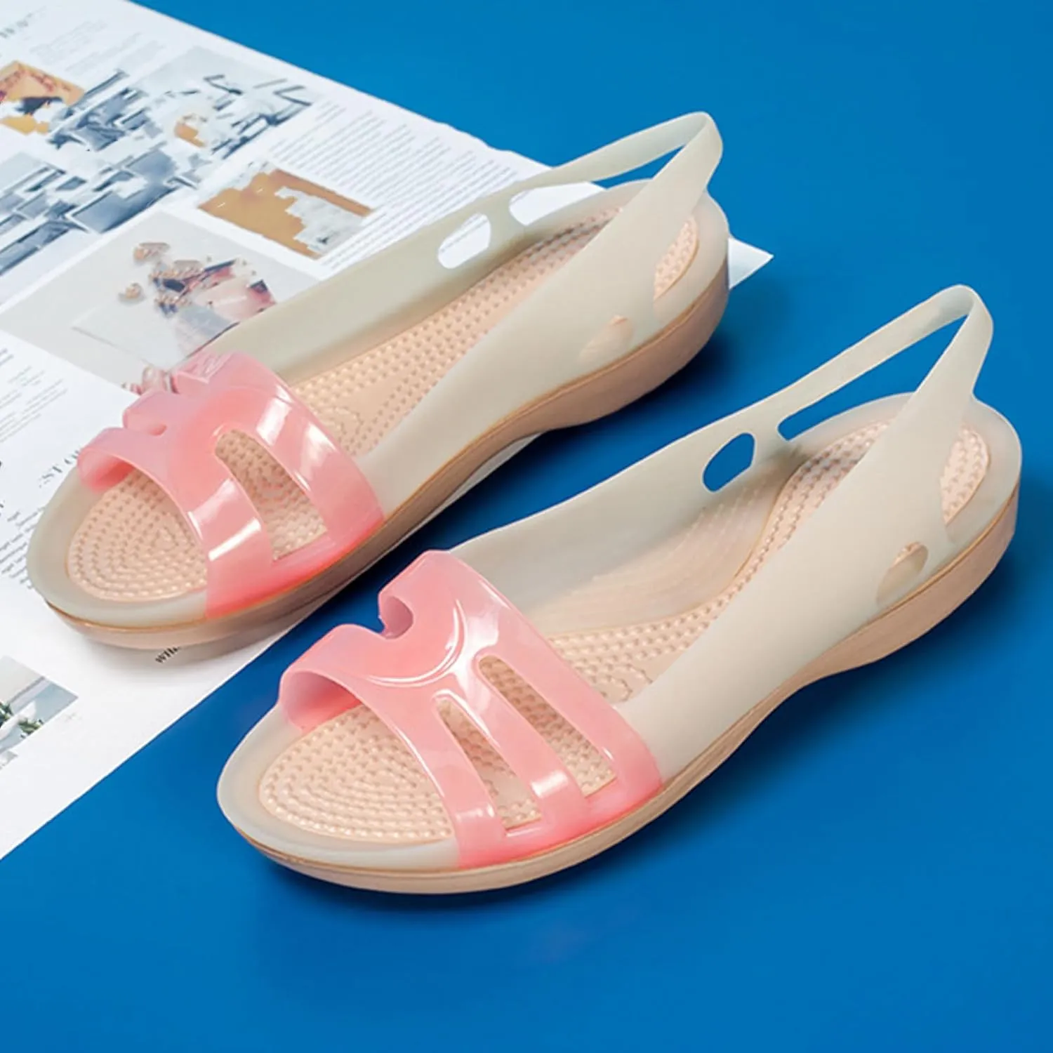 Women's Fish Mouth Jelly Sandals Summer Soft Wedge Beach Sandals Comfortable Slip on Quick Drying Flat Jellies Sandals