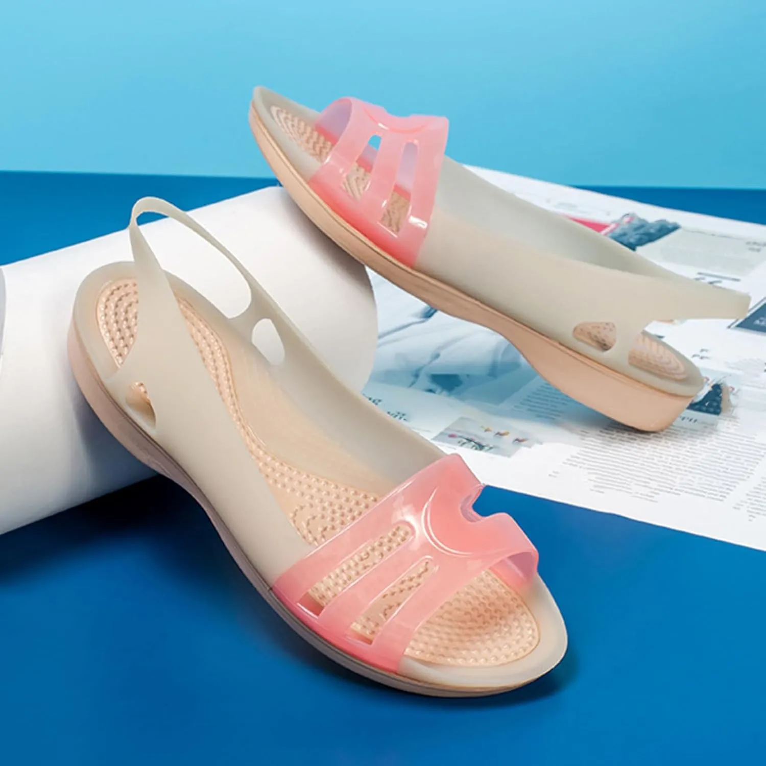 Women's Fish Mouth Jelly Sandals Summer Soft Wedge Beach Sandals Comfortable Slip on Quick Drying Flat Jellies Sandals