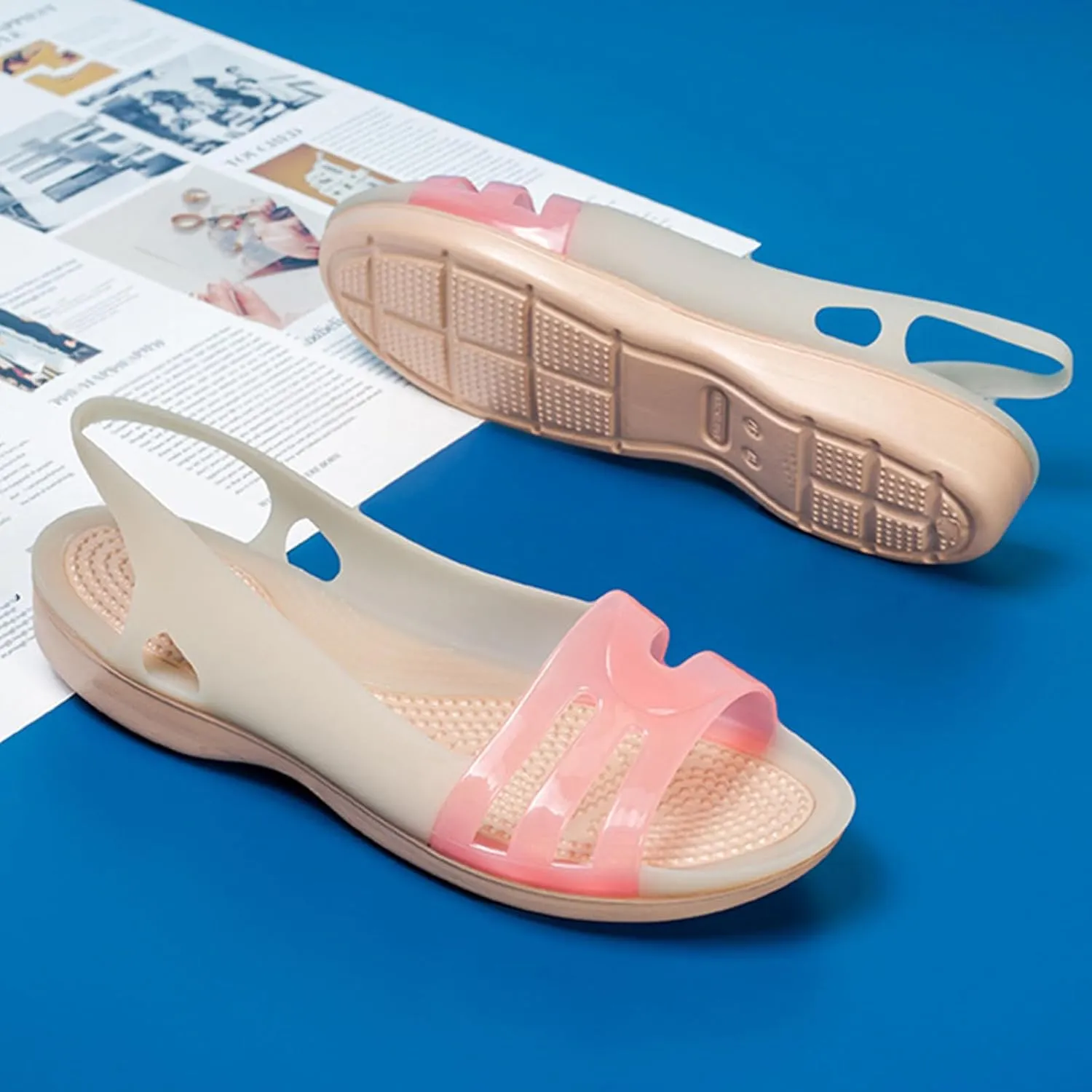 Women's Fish Mouth Jelly Sandals Summer Soft Wedge Beach Sandals Comfortable Slip on Quick Drying Flat Jellies Sandals