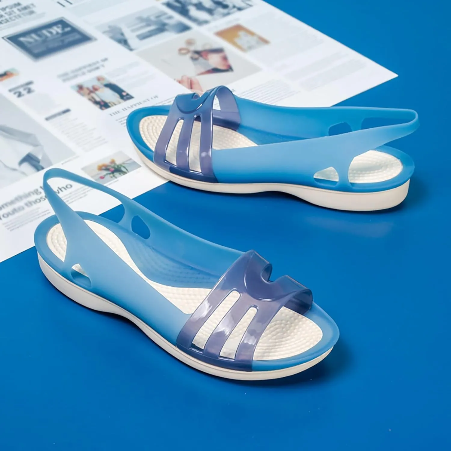 Women's Fish Mouth Jelly Sandals Summer Soft Wedge Beach Sandals Comfortable Slip on Quick Drying Flat Jellies Sandals