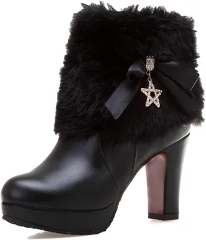 Women's Furry Chunky Heel Ankle Boots Comfortable Round Toe Side Zipper High Heel Winter Warm Short Boots Grace Bow Rhinestones Dress Booties