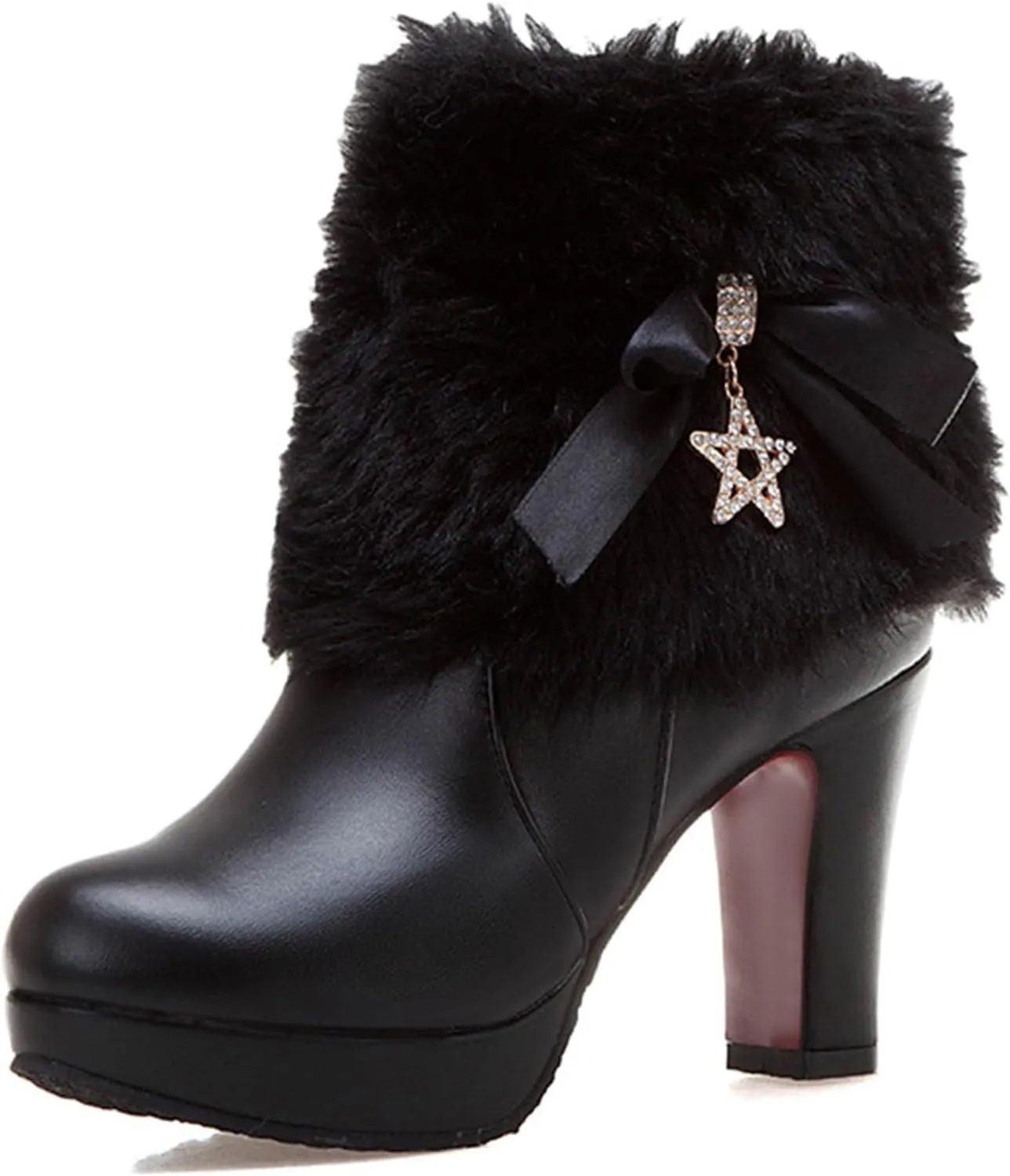 Women's Furry Chunky Heel Ankle Boots Comfortable Round Toe Side Zipper High Heel Winter Warm Short Boots Grace Bow Rhinestones Dress Booties