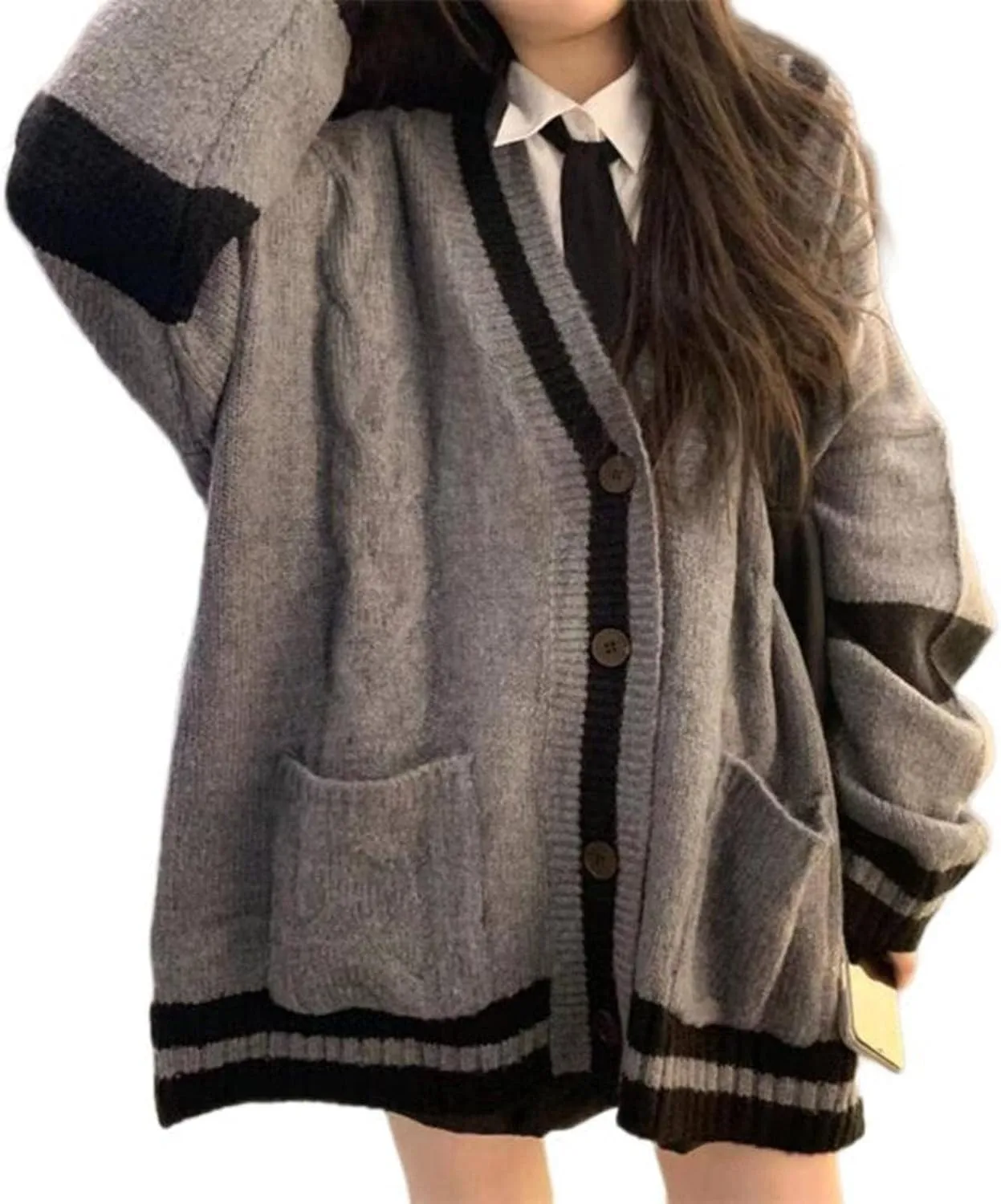 Women's Harajuku Korean Style Loose V-Neck Button Knit Cardigan Preppy Jacket Gray